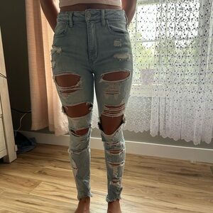 American Eagle Blue Skinny Jeans High-Waisted Distressed